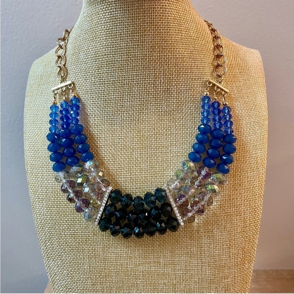 Chico’s Gold Aurora Borealis & Blue Beaded Crystal Statement Necklace New